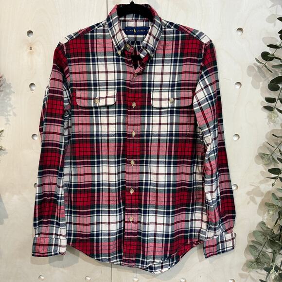 RALPH LAUREN Flannel Button Down Shirt Mens SZ S Red Tartan Plaid - Picture 1 of 8